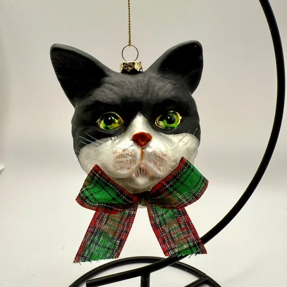 Festive Christmas Cat / Kitty Ornament with Plaid Bow and Bell - Picture 6 of 7